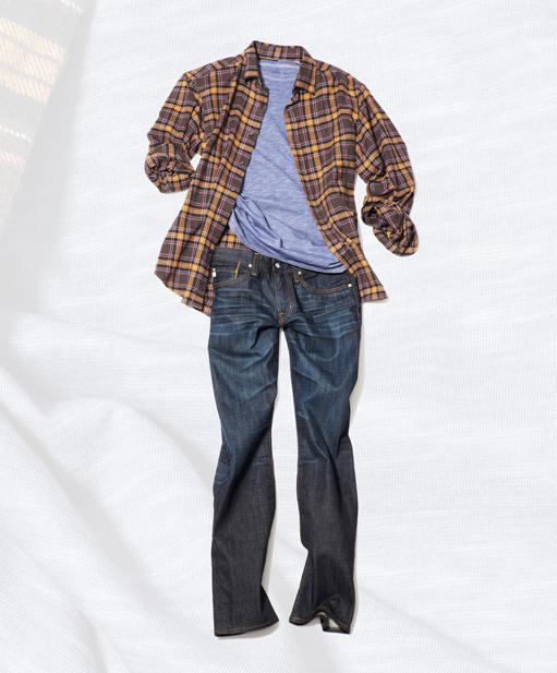 Mason's Canclini flannel shirt, $265. Cooper Jones heathered cotton t-shirt, $59. AG Protégé jeans, $215.